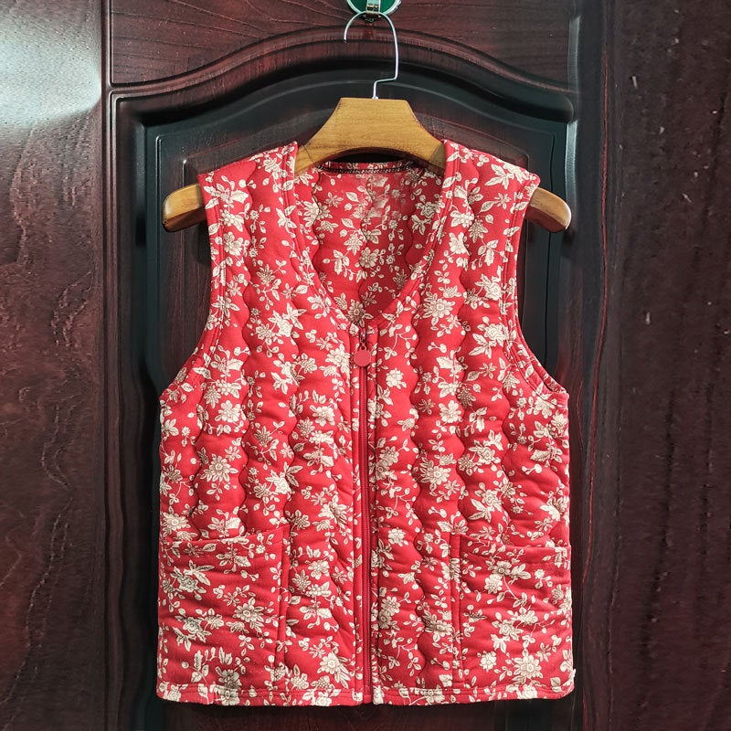 New Cotton Vest Middle-Aged And Elderly Floral Western Style Cotton High-End Vest Cardigan Outer Wear - Image 5