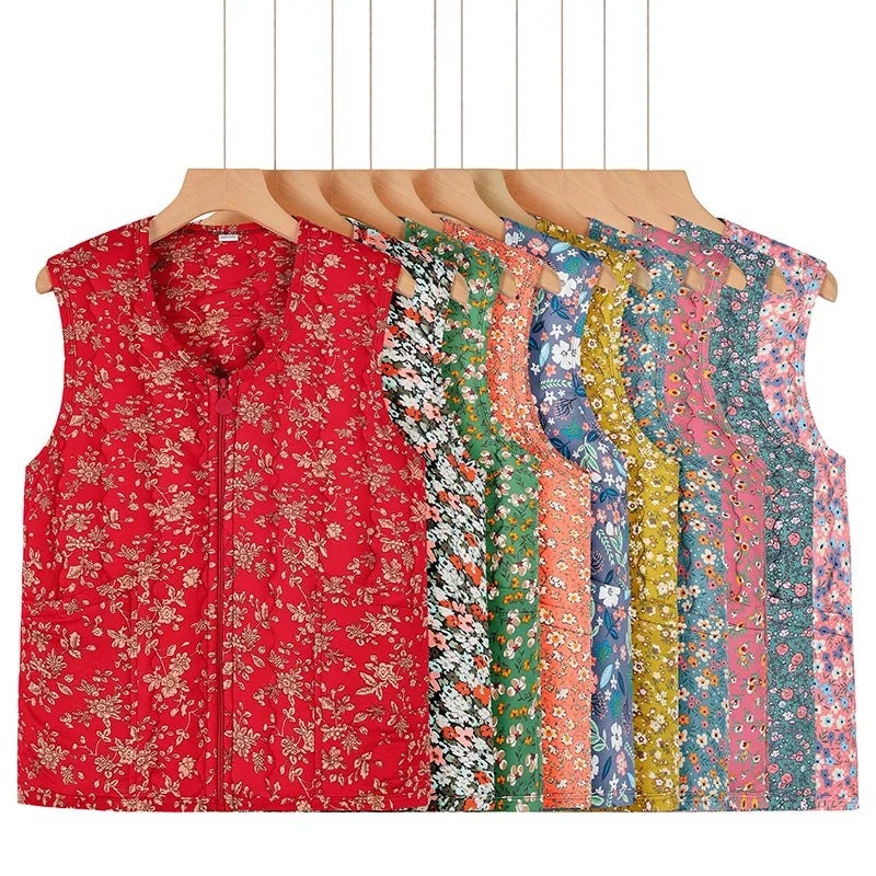 New Cotton Vest Middle-Aged And Elderly Floral Western Style Cotton High-End Vest Cardigan Outer Wear - Image 1