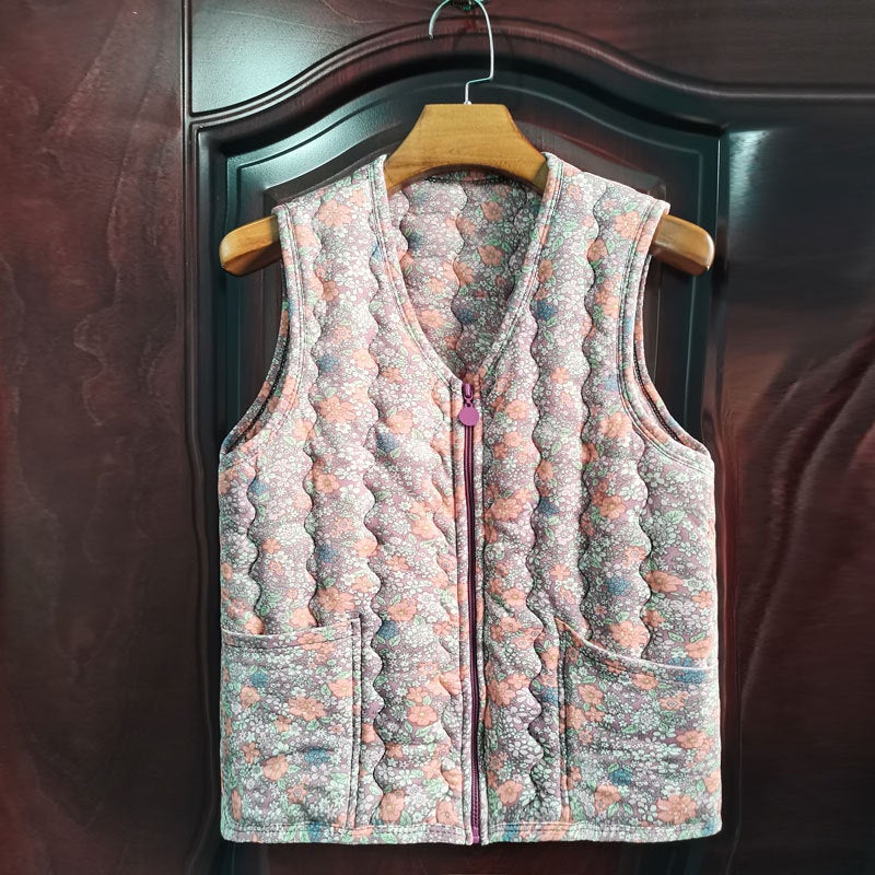 New Cotton Vest Middle-Aged And Elderly Floral Western Style Cotton High-End Vest Cardigan Outer Wear - Image 2
