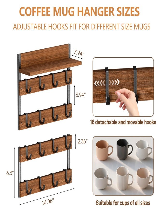 Dhmkfly 2-in-1 Coffee Cup Holder Wall Mounted, 4-Tier Coffee Mug Holder Wall Mount with 16 Adjustable Hooks and Display Shelf, Wooden Mug Rack Hanger Organizer for Home Kitchen Display and Collection - Image 3