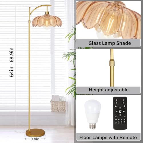 ILLMTW Gold Floor Lamp for Living Room,Bedroom,Mid Century Modern Standing Lamp with Remote,Dimmable Brass Tall Lamp Amber Glass Vintage Retro Arc Floor Lamps Flower Floor Light Boho Bohemian - Image 4