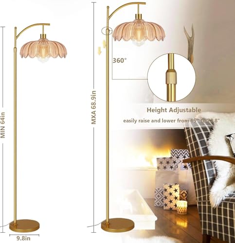 ILLMTW Gold Floor Lamp for Living Room,Bedroom,Mid Century Modern Standing Lamp with Remote,Dimmable Brass Tall Lamp Amber Glass Vintage Retro Arc Floor Lamps Flower Floor Light Boho Bohemian - Image 5