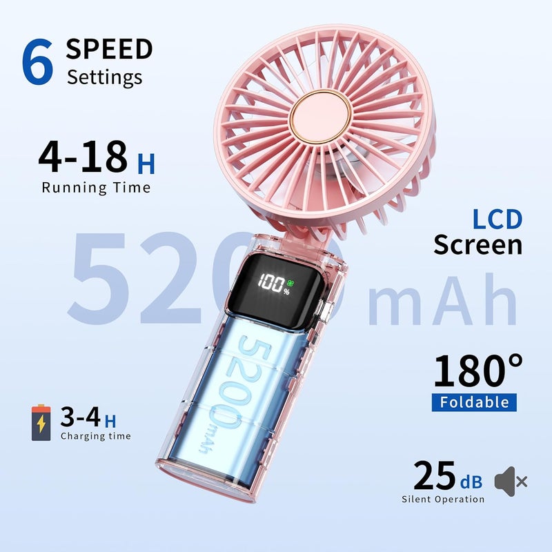 Morelax Portable Handheld Fan, USB Rechargeable Foldable Mini Personal Fan, 5200mAh, 180 Adjustable, 6 Speed Wind, 3 IN 1 Hand Cooling Desk Fan with LED Display for Home Office School Outdoor Travel, Pink - Image 2