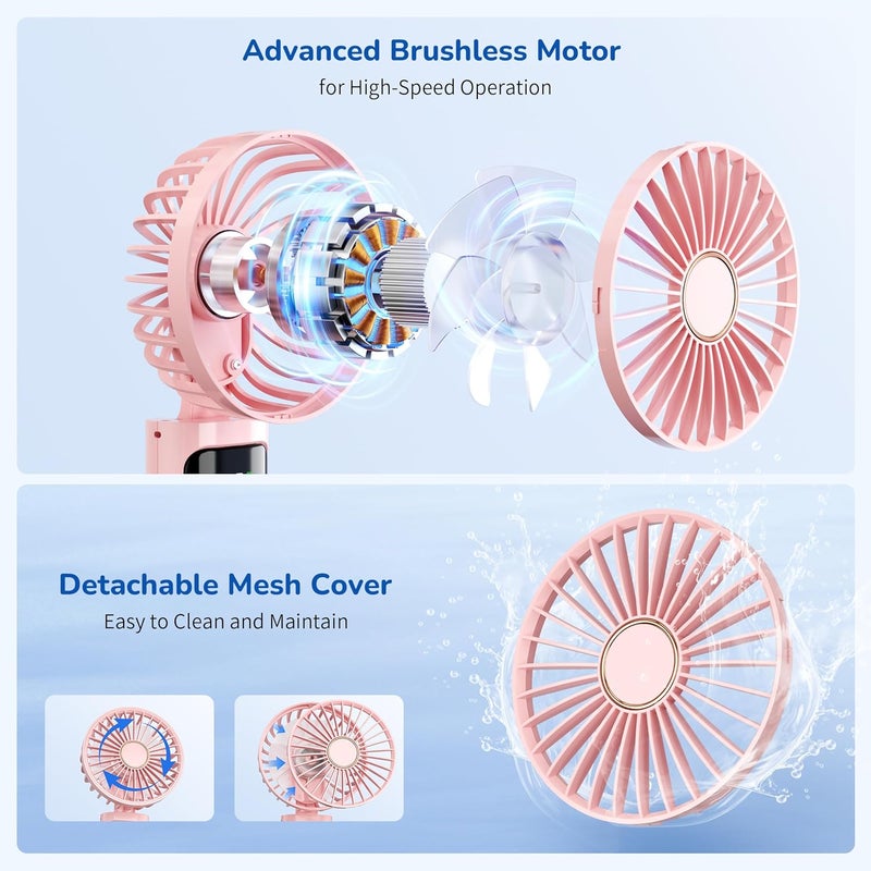 Morelax Portable Handheld Fan, USB Rechargeable Foldable Mini Personal Fan, 5200mAh, 180 Adjustable, 6 Speed Wind, 3 IN 1 Hand Cooling Desk Fan with LED Display for Home Office School Outdoor Travel, Pink - Image 3