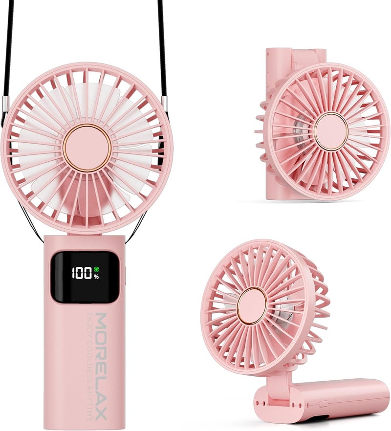 Morelax Portable Handheld Fan, USB Rechargeable Foldable Mini Personal Fan, 5200mAh, 180 Adjustable, 6 Speed Wind, 3 IN 1 Hand Cooling Desk Fan with LED Display for Home Office School Outdoor Travel, Pink - Image 1