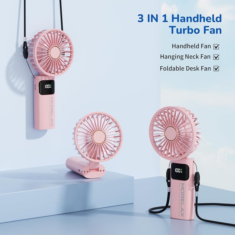Morelax Portable Handheld Fan, USB Rechargeable Foldable Mini Personal Fan, 5200mAh, 180 Adjustable, 6 Speed Wind, 3 IN 1 Hand Cooling Desk Fan with LED Display for Home Office School Outdoor Travel, Pink - Image 4