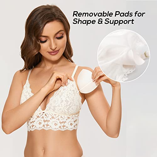 DOBREVA Women's Lace Padded Bralette Plunge Wireless Longline Bra for A to D Cups Ivory (Bra) Medium - Image 4