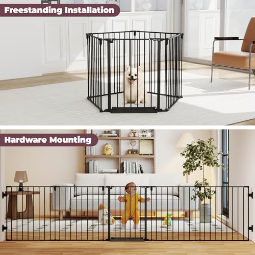 Cideny 127.5" Extra Wide Baby Gate for Fireplace Christmas Tree, Configurable 5 Metal Panels Baby Fence, Child Gate for Wide Openings with Anti-Trip Pedal, Long Kid Gate for Dog Pet, 28'' Tall Black - Image 2