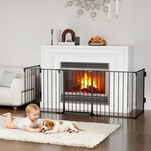 Cideny 127.5" Extra Wide Baby Gate for Fireplace Christmas Tree, Configurable 5 Metal Panels Baby Fence, Child Gate for Wide Openings with Anti-Trip Pedal, Long Kid Gate for Dog Pet, 28'' Tall Black - Image 1