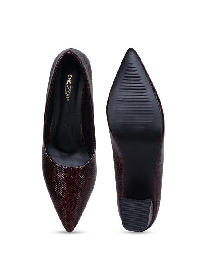 She Zone Maroon Textured Block Pumps for Women - Image 5