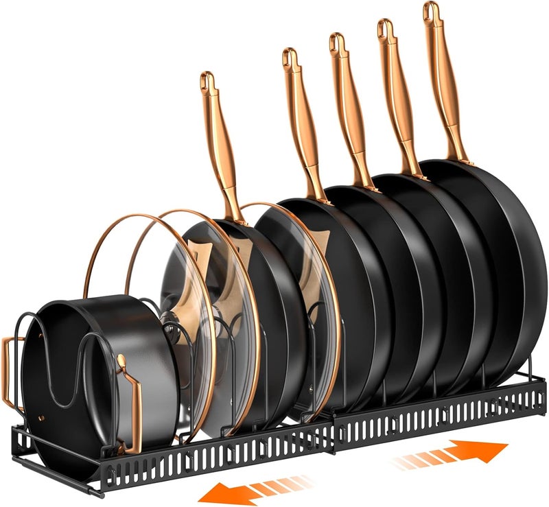 MUDEELA Pots and Pans Organiser, Rack for under Cabinet, Expandable Pot Lid Kitchen Cupboard Organiser Holder with 10 Adjustable Compartment, for Cutting Board, Cast-iron Pan, Heavy Cookware - Image 1