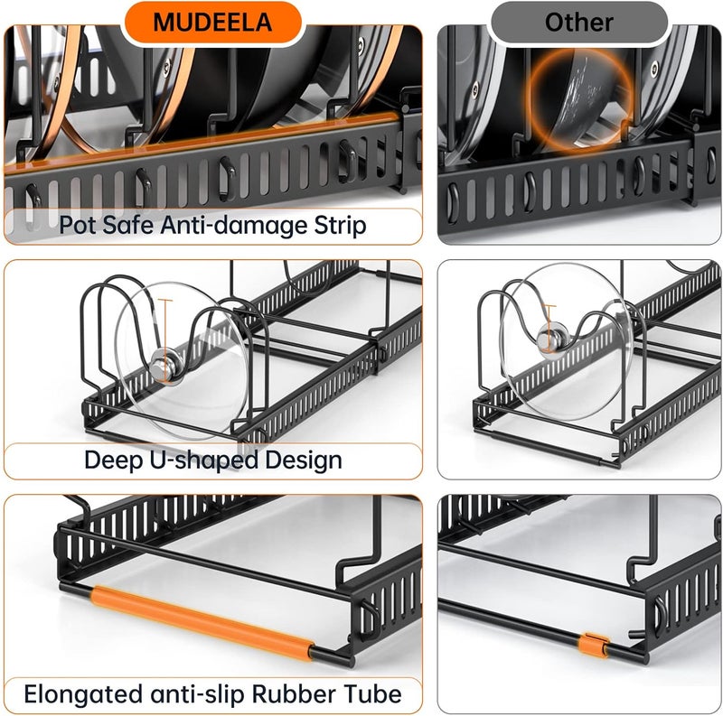 MUDEELA Pots and Pans Organiser, Rack for under Cabinet, Expandable Pot Lid Kitchen Cupboard Organiser Holder with 10 Adjustable Compartment, for Cutting Board, Cast-iron Pan, Heavy Cookware - Image 4