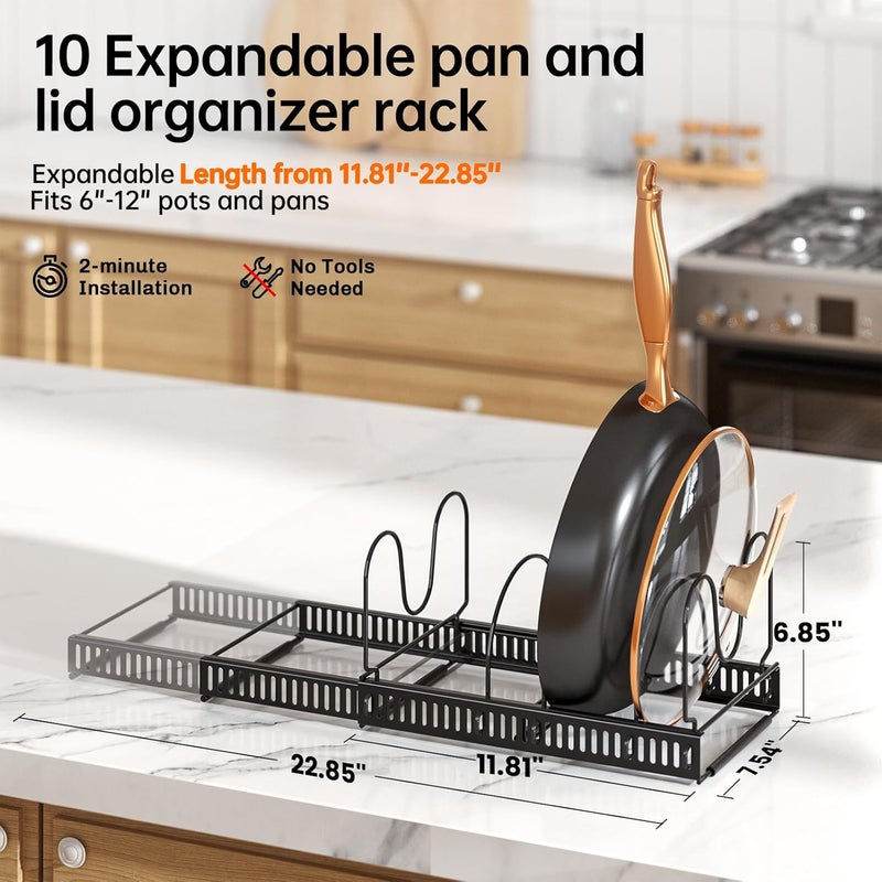 MUDEELA Pots and Pans Organiser, Rack for under Cabinet, Expandable Pot Lid Kitchen Cupboard Organiser Holder with 10 Adjustable Compartment, for Cutting Board, Cast-iron Pan, Heavy Cookware - Image 2