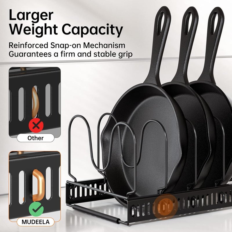 MUDEELA Pots and Pans Organiser, Rack for under Cabinet, Expandable Pot Lid Kitchen Cupboard Organiser Holder with 10 Adjustable Compartment, for Cutting Board, Cast-iron Pan, Heavy Cookware - Image 3