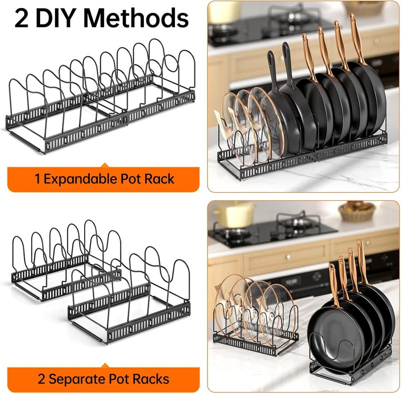 MUDEELA Pots and Pans Organiser, Rack for under Cabinet, Expandable Pot Lid Kitchen Cupboard Organiser Holder with 10 Adjustable Compartment, for Cutting Board, Cast-iron Pan, Heavy Cookware - Image 5