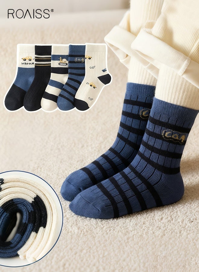 roaiss 5 Pairs Boys Mid-Calf Socks, Comfortable Sports Socks Set, Kids Crew Socks with Adorable Patterns, Cartoon Middle Tube Socks for Boys, Suitable for All Seasons - Image 2