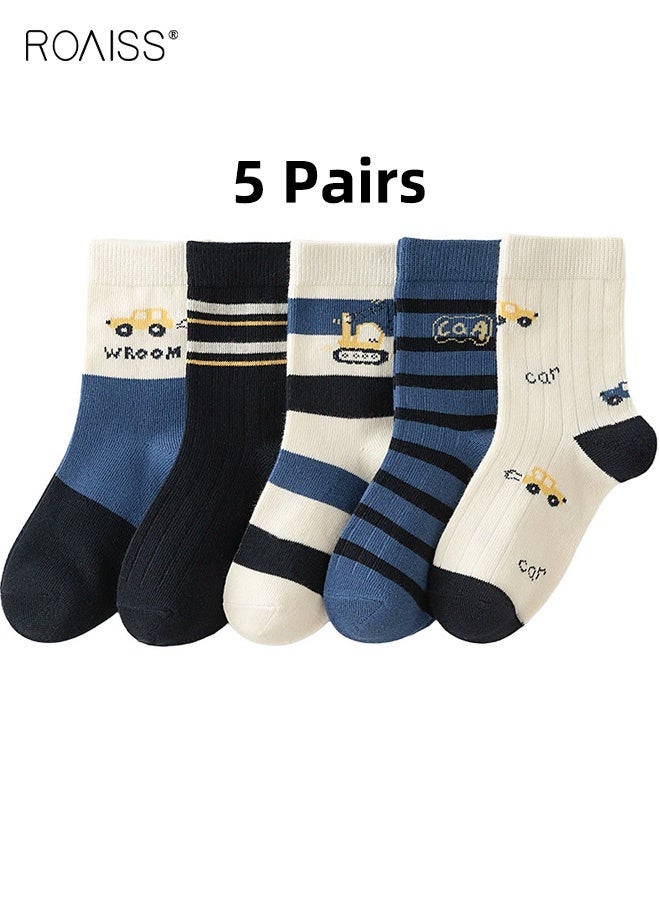 roaiss 5 Pairs Boys Mid-Calf Socks, Comfortable Sports Socks Set, Kids Crew Socks with Adorable Patterns, Cartoon Middle Tube Socks for Boys, Suitable for All Seasons - Image 1