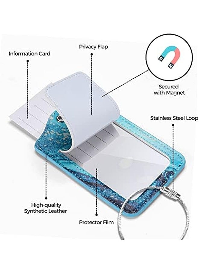 JOTO Luggage Tags Set of 2 | Privacy Cover, Stainless Steel Loop, PU Leather, 12x7.7 cm, Blue Sandy Wave Design, Travel ID Labels  - Image 4