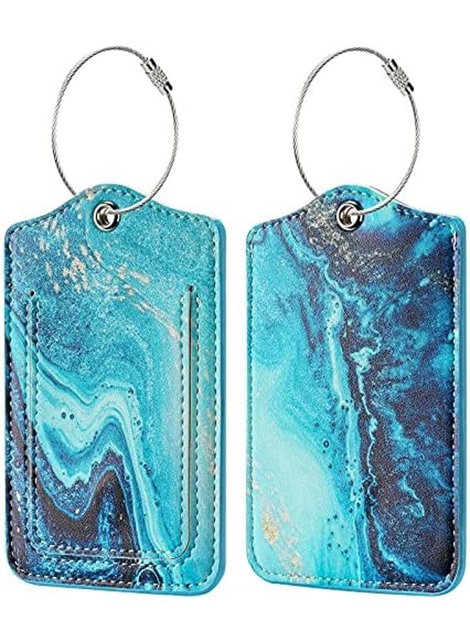 JOTO Luggage Tags Set of 2 | Privacy Cover, Stainless Steel Loop, PU Leather, 12x7.7 cm, Blue Sandy Wave Design, Travel ID Labels  - Image 1