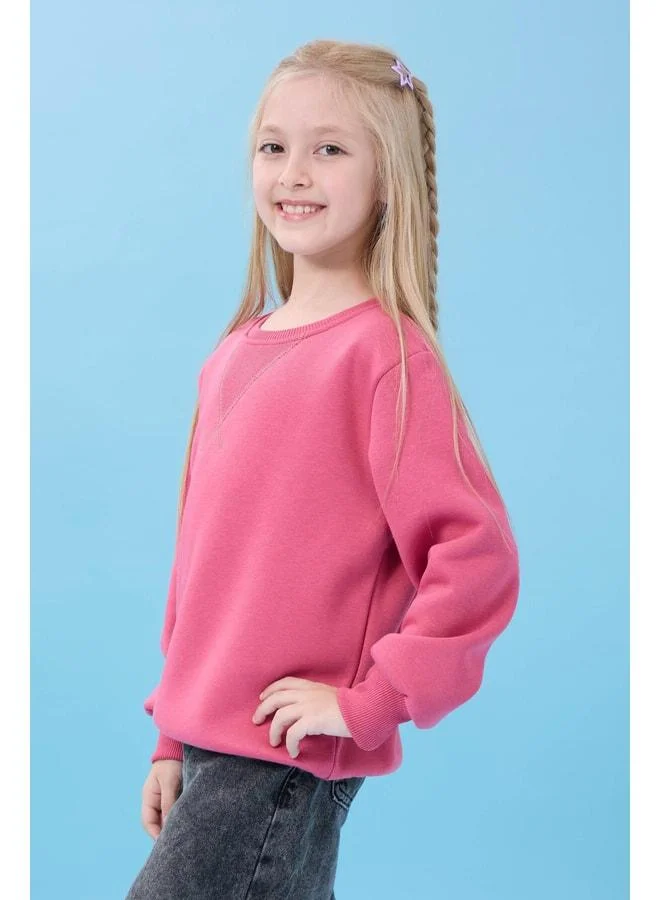 Perendi Unisex Basic Bike Neck Sherpa Winter Sweatshirt - Rose Pink.