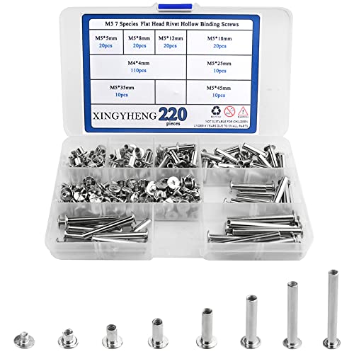 BGTXINGI XINGYHENG 220Pcs(110 Set) M5 7 Species Flat Head Rivet Hollow Binding Screws T-Shape Round Docking Rivet Assortment Kit for Scrapbook Album Binding and Leather Repair - Image 1