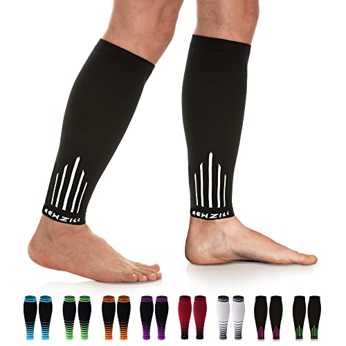 NEWZILL Calf Compression Sleeve for Men & Women | Footless Compression Socks for Shin Splint Relief, Varicose Veins | Leg Sleeve for Running, Travel, Nursing, Work, Fitness (S/M Black/White 1Pair) - Image 1