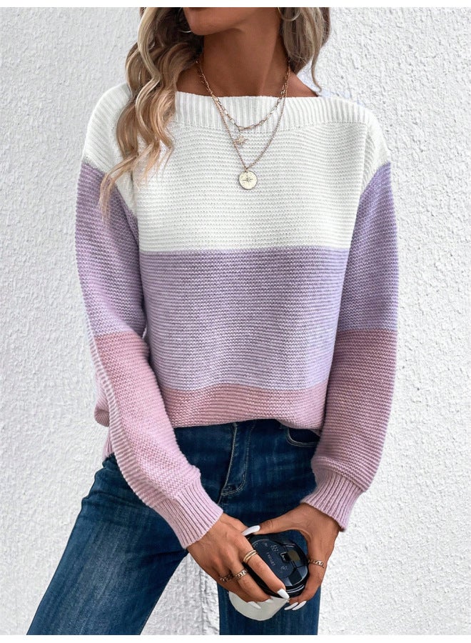 Europe And The United States Hot Women's Autumn And Winter Round Neck Sching Color Long Sleeve Sweater Loose Casual over Sweater