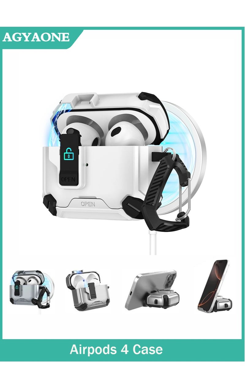 AGYAONE For AirPods 4 Case with Secure Lock Cover with Keychain Shockproof Protective Cover Multifunctional magnetic bracket, anti-fall  - Image 1