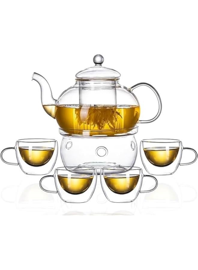 HOOKOR Glass Teapot Set with Removable Infuser Straine, 4 Insulated Glass Teacups and Round Shaped Candle Holder Warmer Heating Base for Tea Blooming Loose Leaf Home Women Gift(600ml) - Image 1