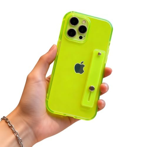 siduater Case for 6.7" iPhone 13 Pro Max with Wrist Strap Kickstand, Shockproof Translucent PC Back Cover + Soft TPU Bumper with Adjustable Hand Grip Loop for iPhone 13 Pro Max 6.7 Inch, Neon Green - Image 1