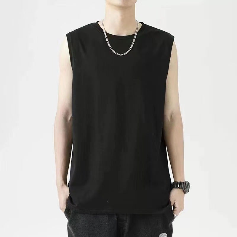 Summer Mens Outer Wear Basketball Fitness Crossbar Sports Shoulder Vest Wide Shoulder Solid Color Sleeveless Round Neck T-Shirt Black  - Image 1