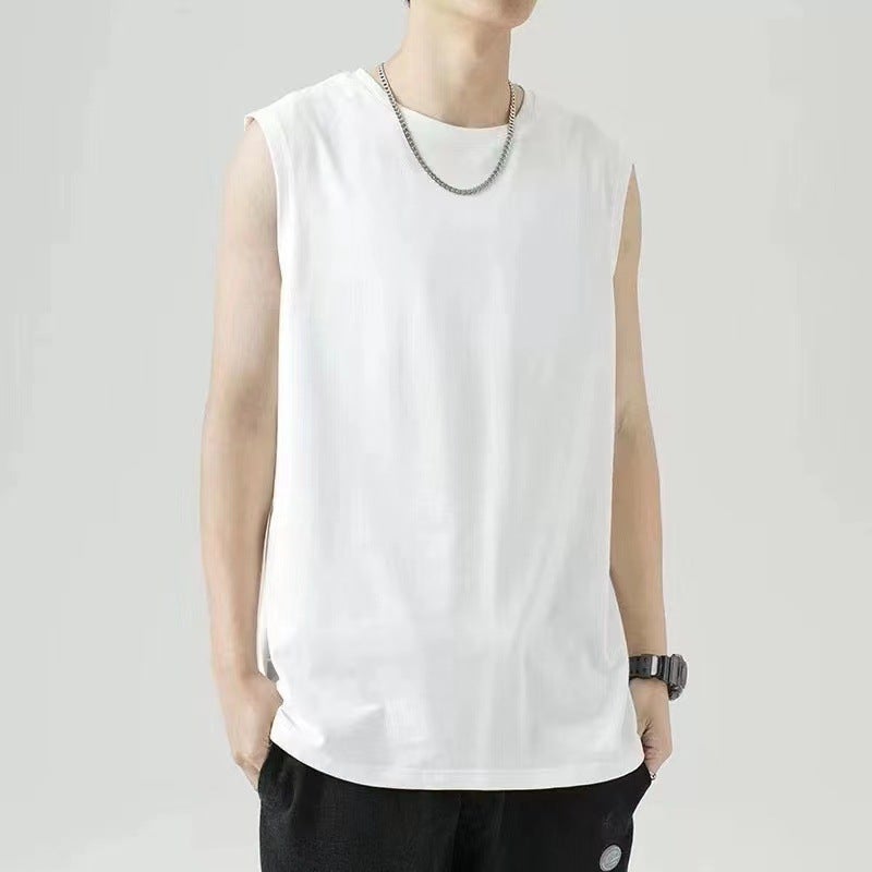 Summer Mens Outer Wear Basketball Fitness Crossbar Sports Shoulder Vest Wide Shoulder Solid Color Sleeveless Round Neck T-Shirt Black  - Image 2