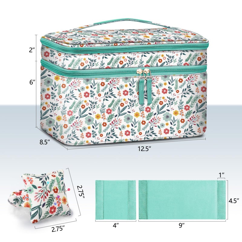 FINPAC Sewing Accessories Storage and Organizer Case, Double-Layer Sewing Kits Carrying Bag with Wrist Pin Cushion for Threads, Needles, Embroidery Floss Supplies, Felting Kits (Spring Bloom) - Image 5
