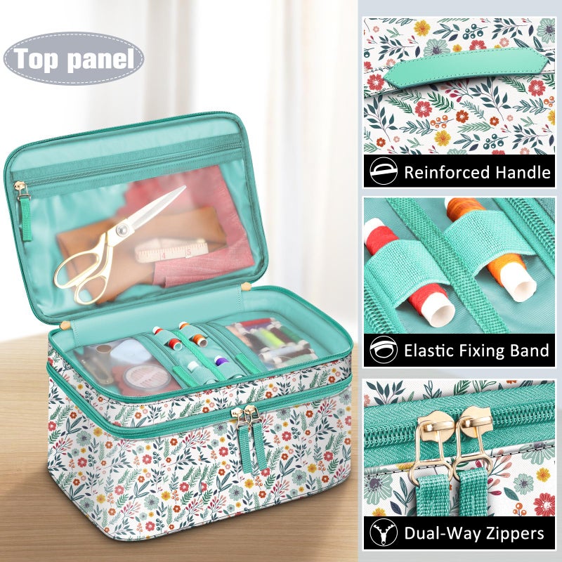 FINPAC Sewing Accessories Storage and Organizer Case, Double-Layer Sewing Kits Carrying Bag with Wrist Pin Cushion for Threads, Needles, Embroidery Floss Supplies, Felting Kits (Spring Bloom) - Image 2