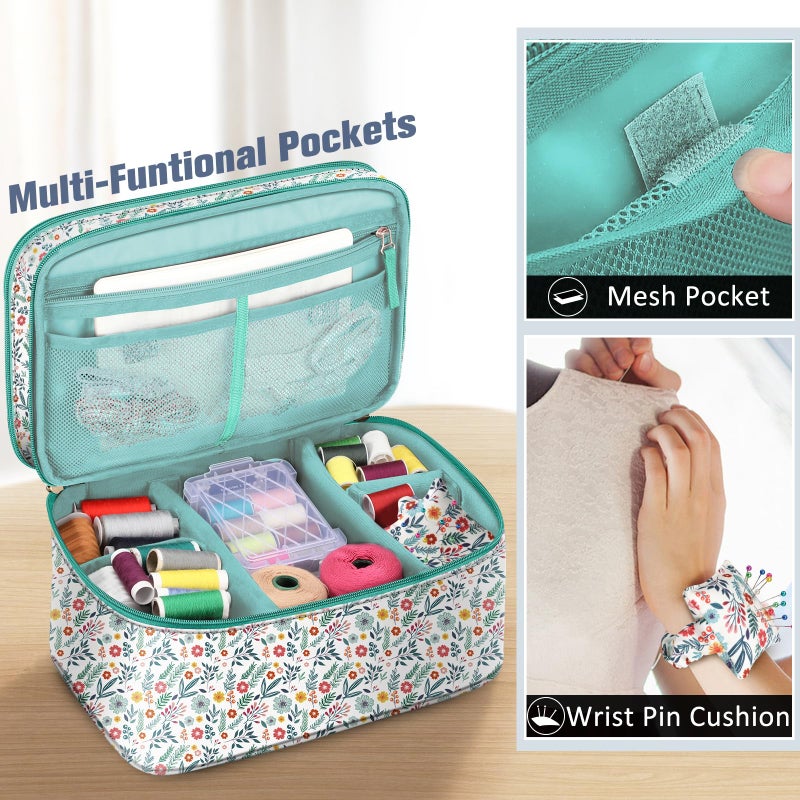 FINPAC Sewing Accessories Storage and Organizer Case, Double-Layer Sewing Kits Carrying Bag with Wrist Pin Cushion for Threads, Needles, Embroidery Floss Supplies, Felting Kits (Spring Bloom) - Image 3
