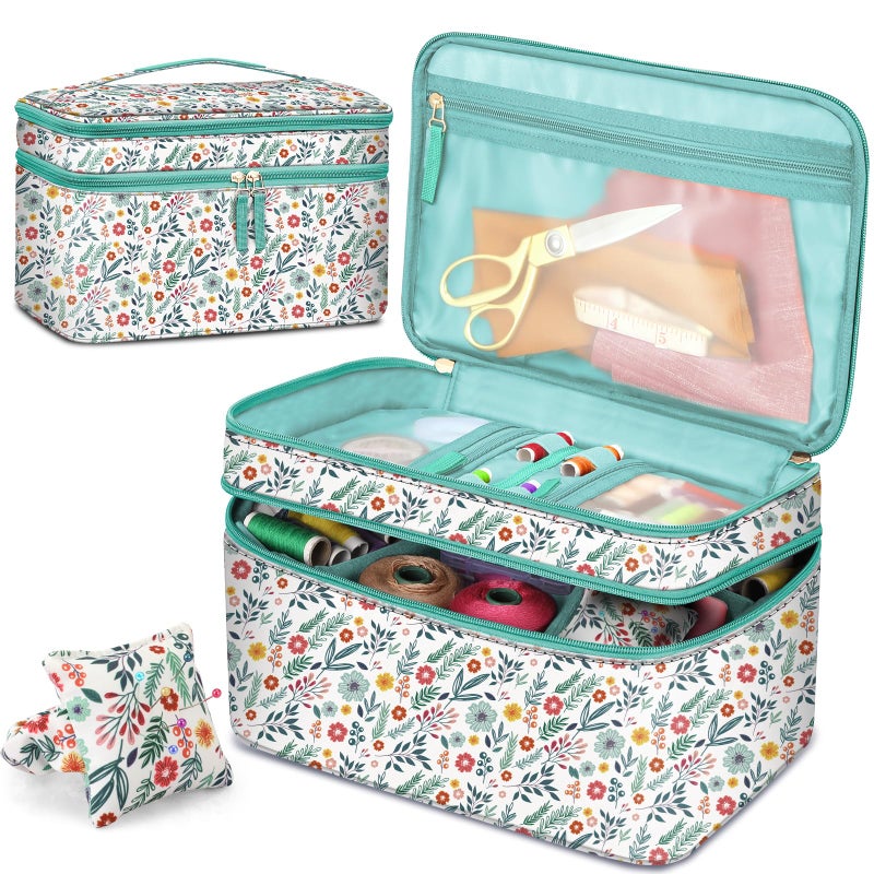 FINPAC Sewing Accessories Storage and Organizer Case, Double-Layer Sewing Kits Carrying Bag with Wrist Pin Cushion for Threads, Needles, Embroidery Floss Supplies, Felting Kits (Spring Bloom) - Image 1