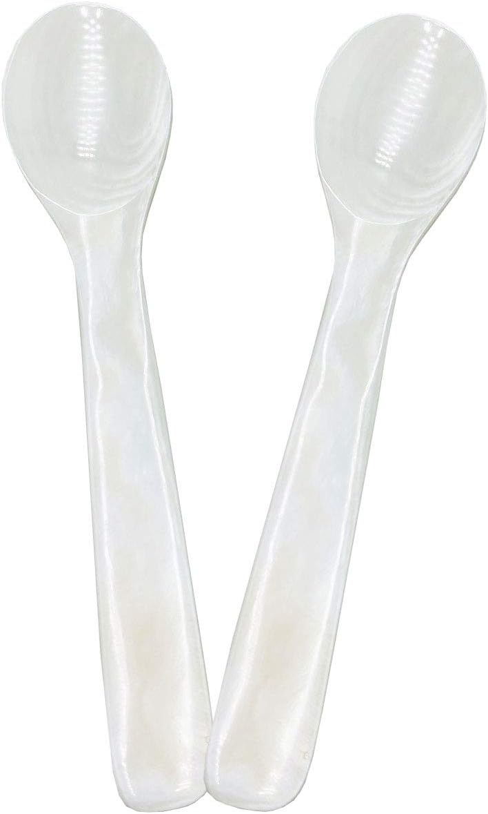 Wenplus 2 Pack 4.73inch Caviar Spoons Handcraft Mother of Pearl MOP Caviar Spoon W Round Handle with One Plastic Storage Box - White, Style D - Image 1