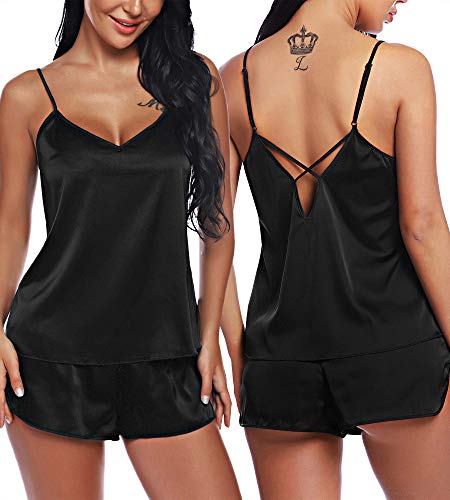 RSLOVE Satin Sleepwear Women V Neck Lingerie Satin Pajamas Cami Shorts Set Nightwear Black S - Image 1