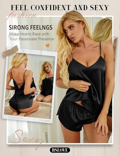 RSLOVE Satin Sleepwear Women V Neck Lingerie Satin Pajamas Cami Shorts Set Nightwear Black S - Image 5