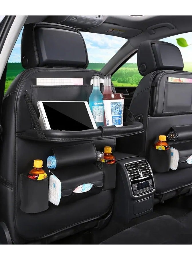 AROAQ Car Seat Back Organizer with Foldable Table Tray - PU Leather Storage & Kick Mats - Image 1