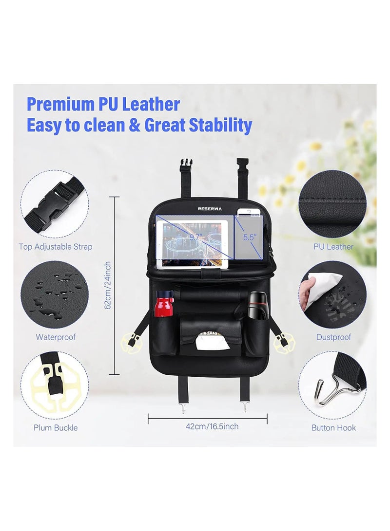 AROAQ Car Seat Back Organizer with Foldable Table Tray - PU Leather Storage & Kick Mats - Image 4