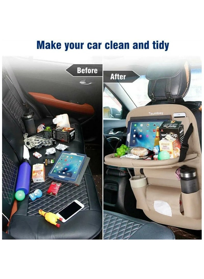 AROAQ Car Seat Back Organizer with Foldable Table Tray - PU Leather Storage & Kick Mats - Image 5