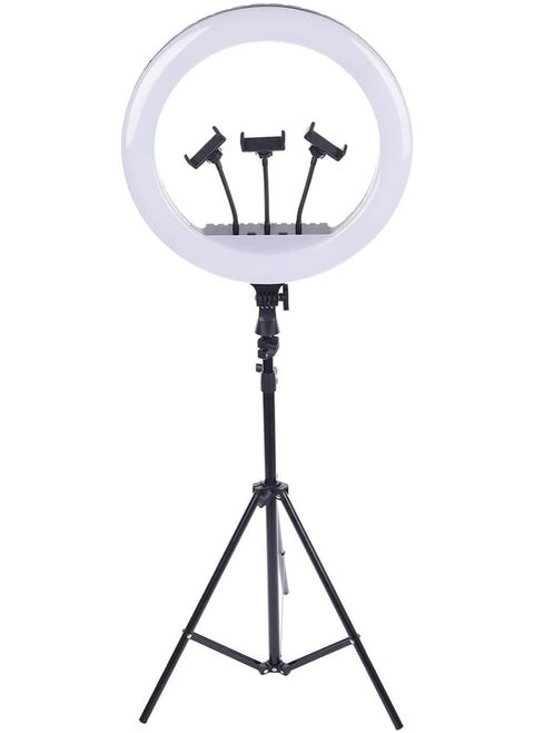 LED Ring Light RL-18 with 360° Rotation – 2700-6500K, 45cm Diameter, 2.1m Stand, 3 Phone Holders, Remote Control for Live Streaming