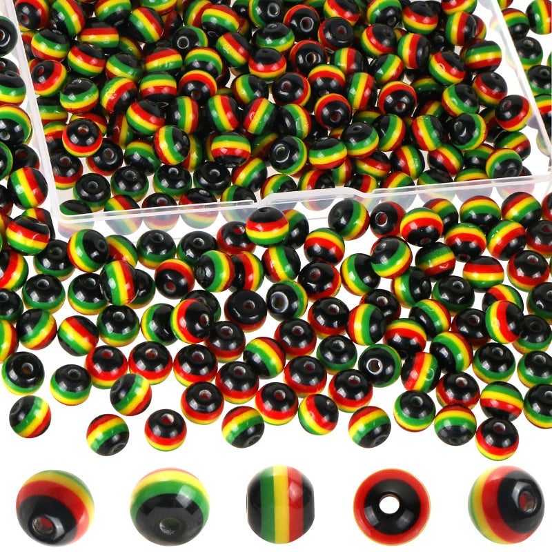BENOSPACE 100 Pcs Rasta Jamaica Beads 8mm Black Red Green Yellow Striped Round Acrylic Spacer Beads for DIY Bracelet Necklace Jewelry Making