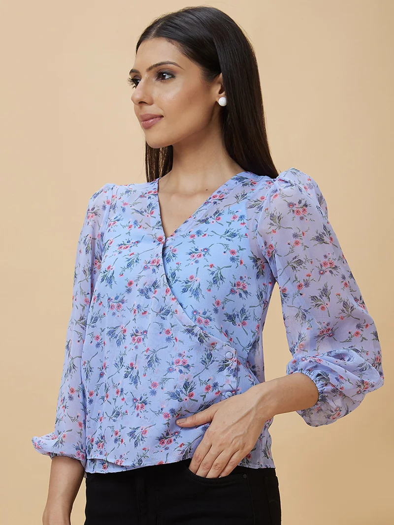 globus  Women Blue Floral Printed Puff Sleeve Georgette Wrap Top for Women | Best Price UAE