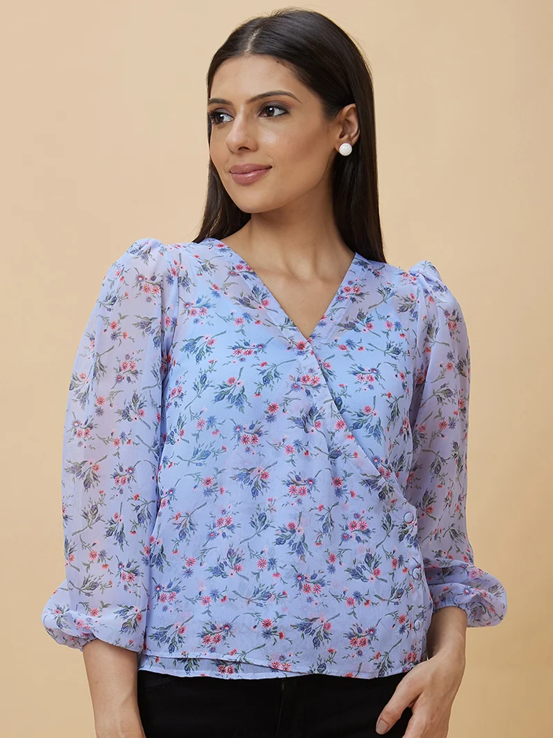 globus  Women Blue Floral Printed Puff Sleeve Georgette Wrap Top for Women | Best Price UAE