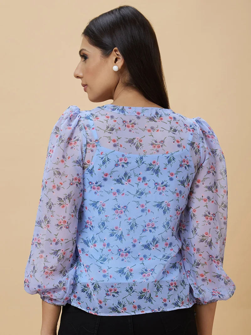 globus  Women Blue Floral Printed Puff Sleeve Georgette Wrap Top for Women | Best Price UAE