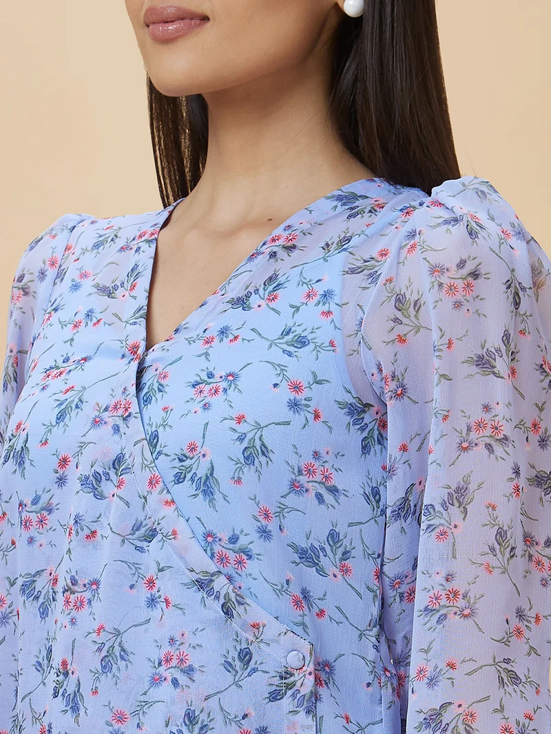 globus  Women Blue Floral Printed Puff Sleeve Georgette Wrap Top for Women | Best Price UAE