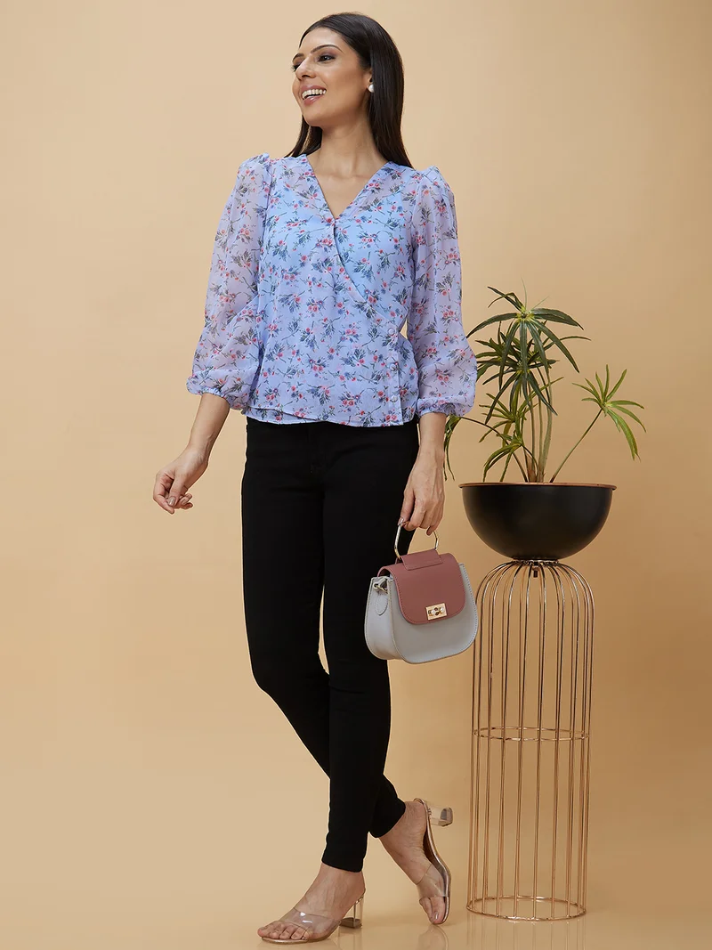 globus  Women Blue Floral Printed Puff Sleeve Georgette Wrap Top for Women | Best Price UAE