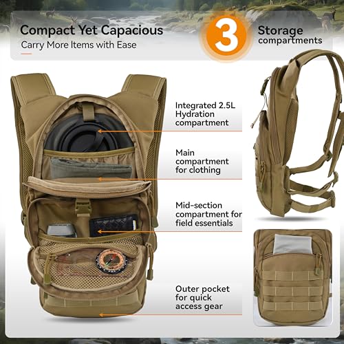 MARCHWAY Tactical Molle Hydration Pack with 2.5L TPU Water Bladder, Low-Profile Organized Military Backpack for Hiking, Cycling, Backpacking, Hunting, Running (Tan) - Image 3